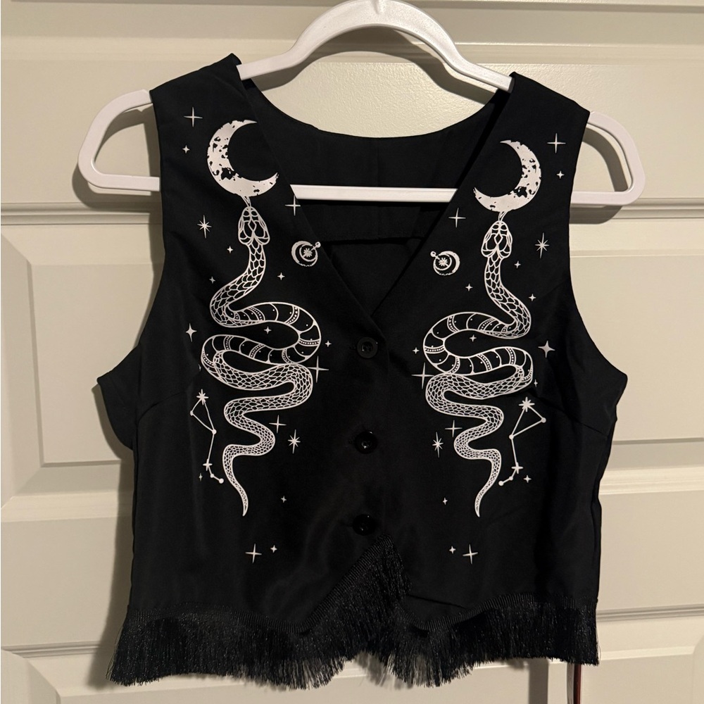 Black Vest with White Snake and Moon Design